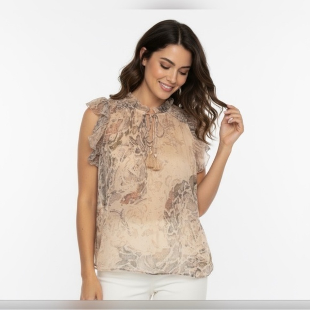 Sleeveless Ruffled Tie-Neck Blouse in Neutral Beige